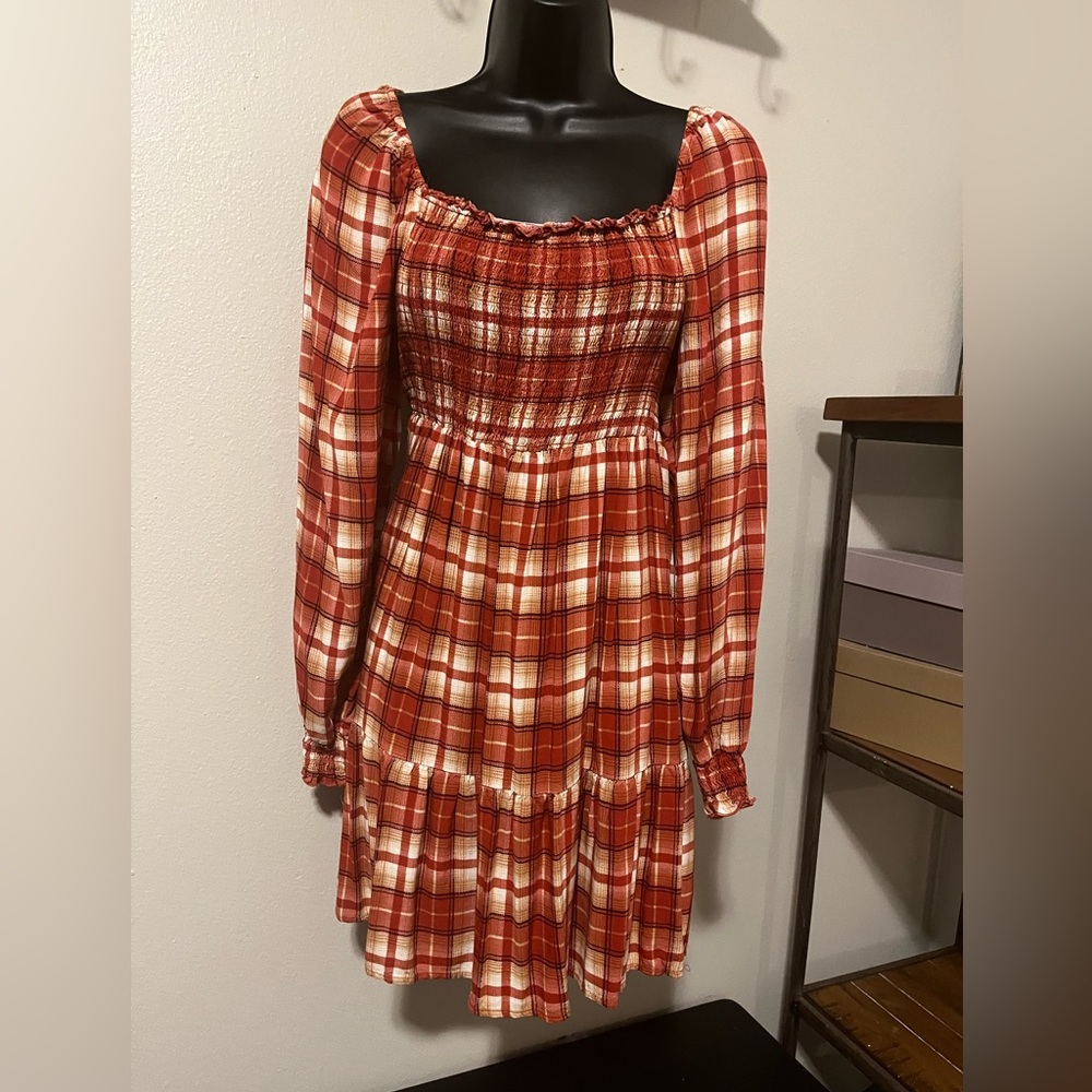 Love, fire women’s long sleeve mini dress. Orange plaid. Size L